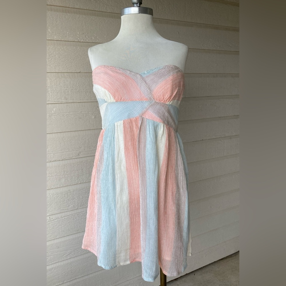 Free People Strapless Flowy Dress Gauze Natural Striped Tube Women’s Size 6